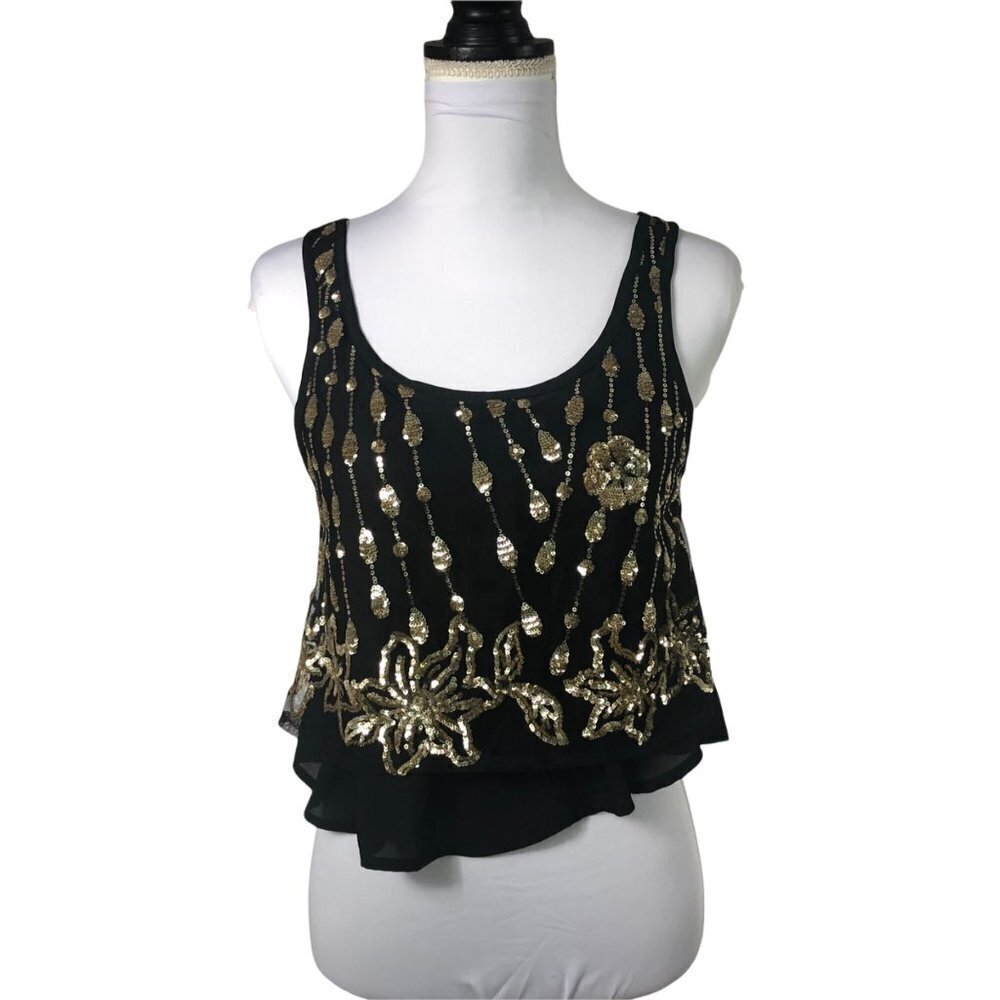 Gianni Bini GB Sleeveless Cropped Black Top with Gold Sequins size Small